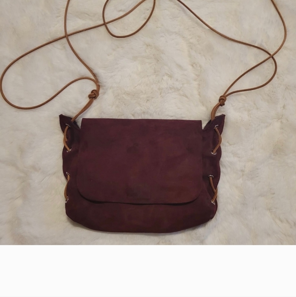 Zimmermann, Maroon Burgundy Suede Leather Purse With Tan Suede Shoulder Strap - Picture 6 of 7